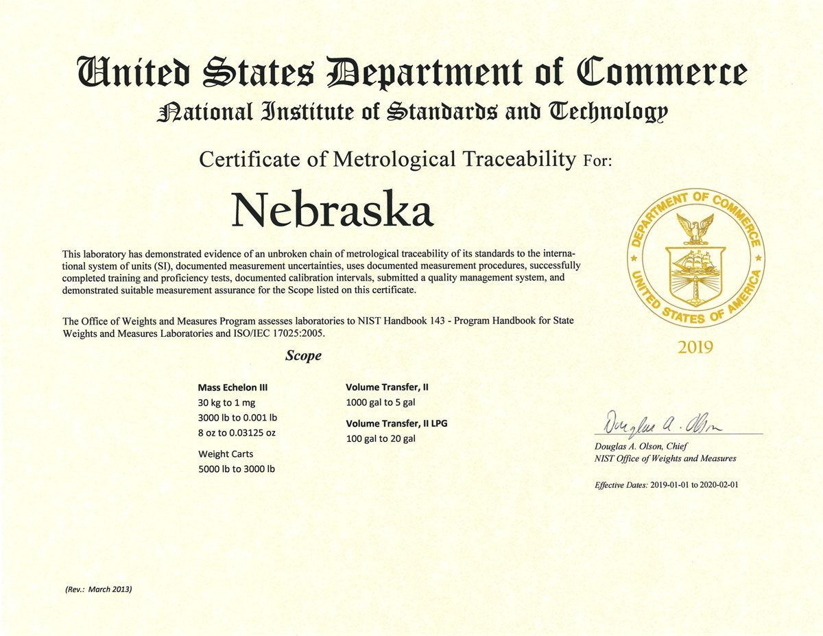 Certificate of Metrological Tracebility for Nebraska