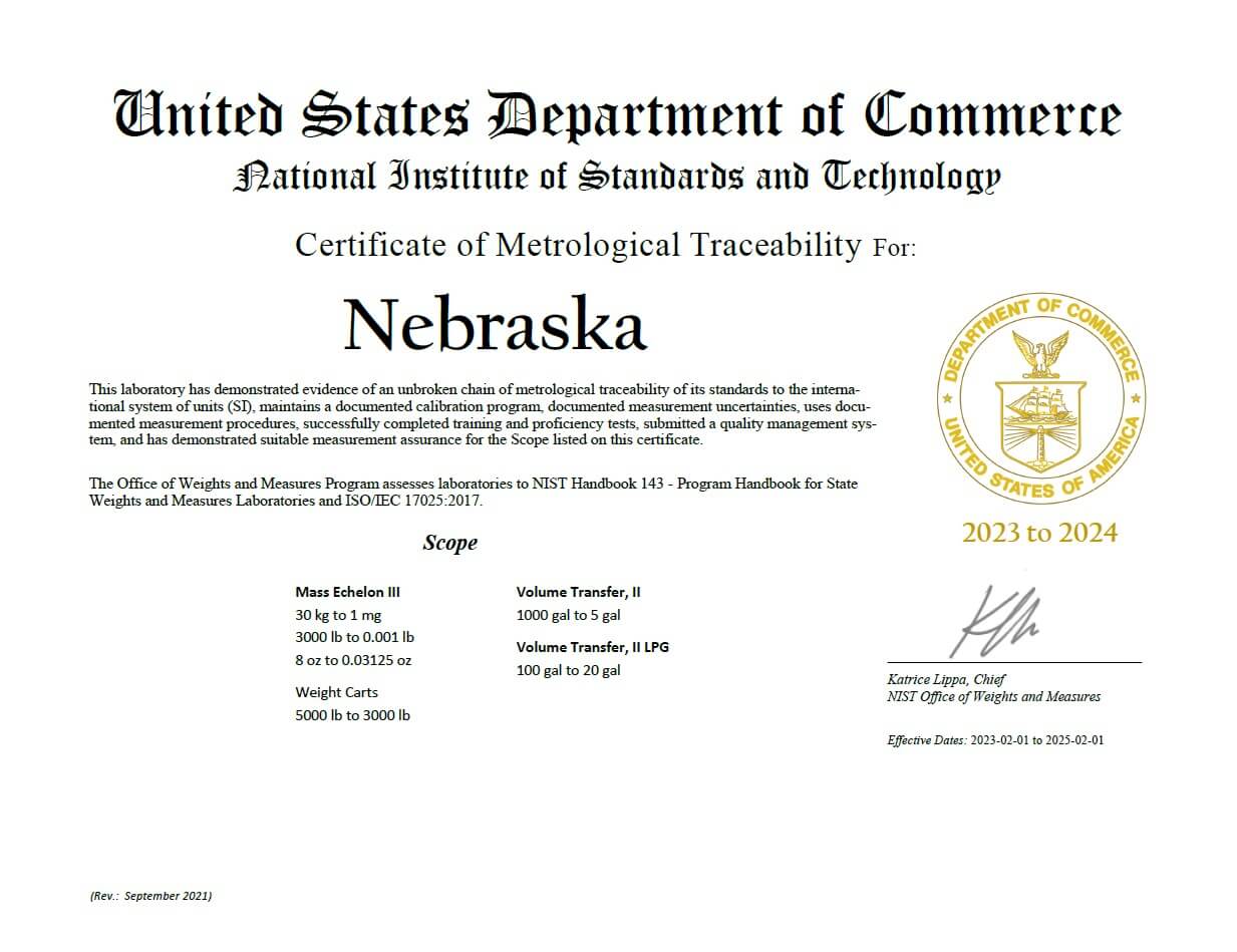Certificate of Metrological Tracebility for Nebraska