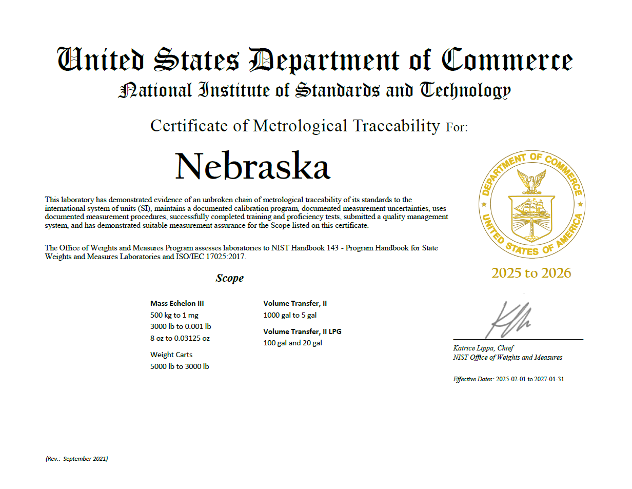 Certificate of Metrological Tracebility for Nebraska